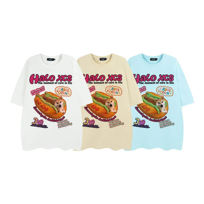 Cotton T-shirt with cartoon hamburger dog print in loose style, available in three colours