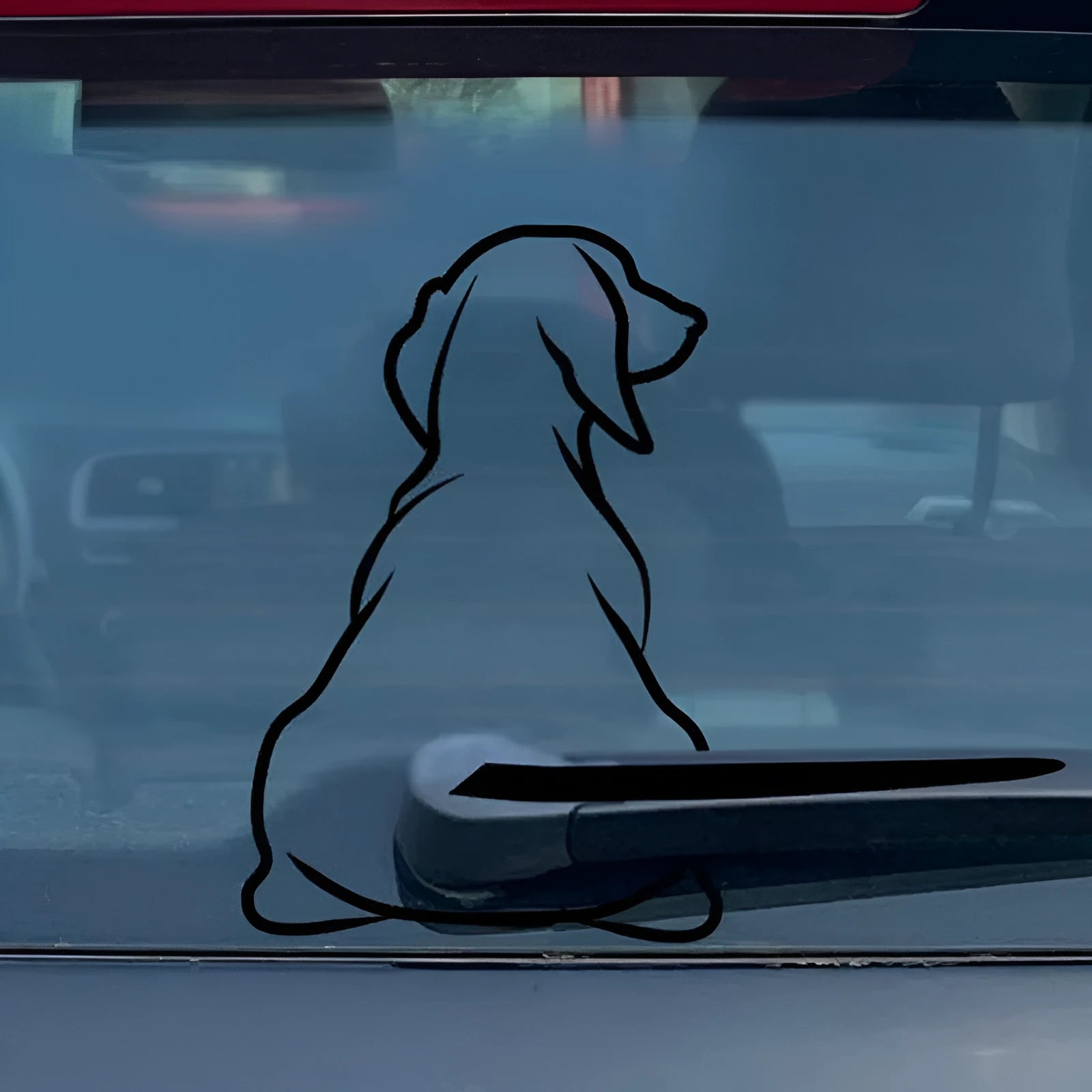 Cartoon dog rear wiper car sticker decal set showing black and white options with dimensions