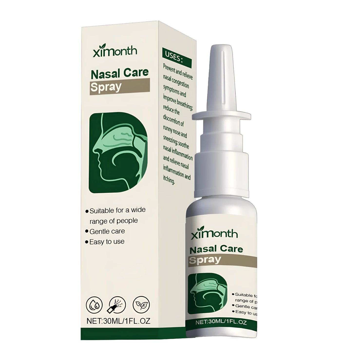 30 ml bottle of nasal care spray with natural Xanthium and Saposhnikovia plant extracts.