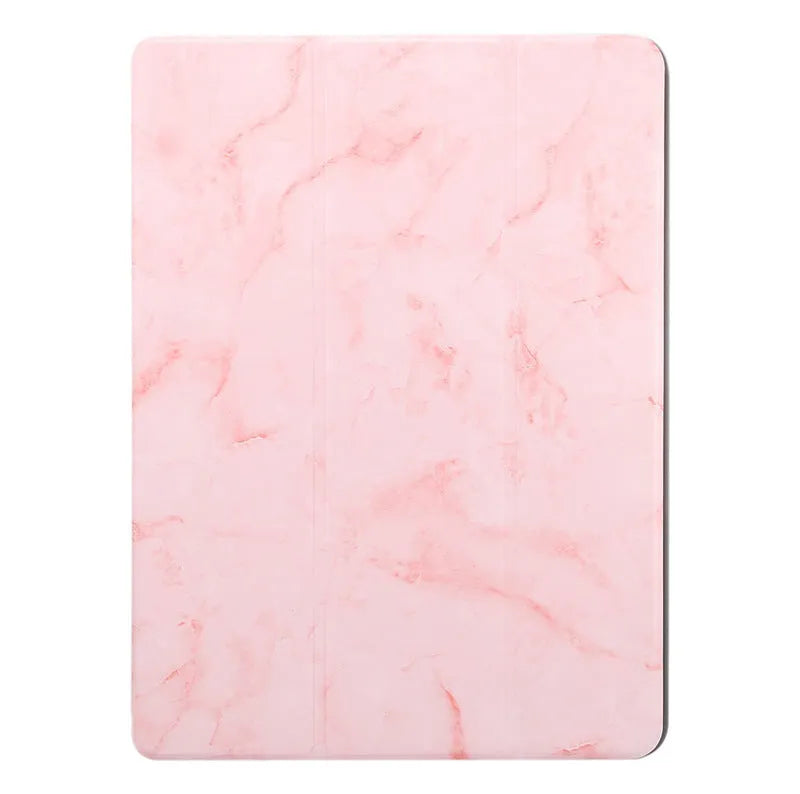 Tri-fold iPad case with marbling design showing pen slot and available in dark gray, creamy-white, purple, blue, and pink colours