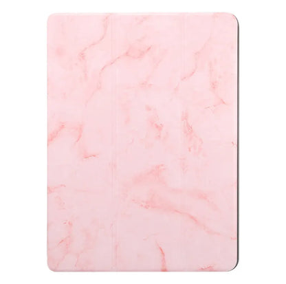 Tri-fold iPad case with marbling design showing pen slot and available in dark gray, creamy-white, purple, blue, and pink colours