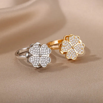 Rotatable copper flower ring with rhinestones, available in gold or platinum finish for women