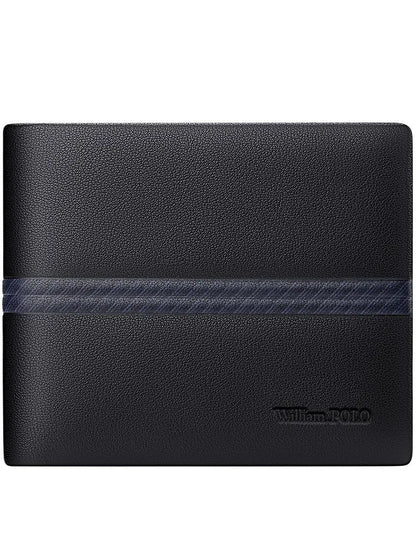 Men's cowhide leather wallet with letter pattern and anti-theft card slot.