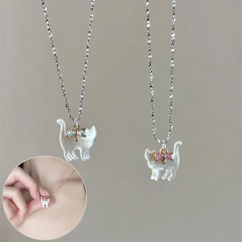 Cute transparent cat rhinestone pendant necklace with silver plated chain