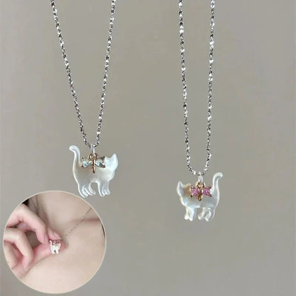 Cute transparent cat rhinestone pendant necklace with silver plated chain