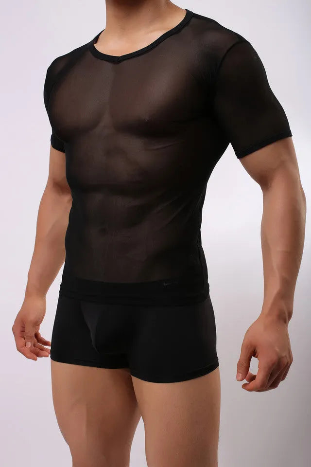 Men's slim fit transparent mesh t-shirt in solid colours on a model.