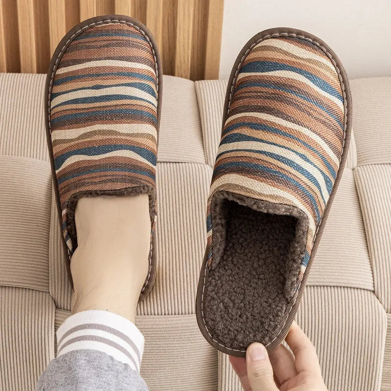 Warm winter linen-surface cotton household slippers in red flower colour with PVC sole.
