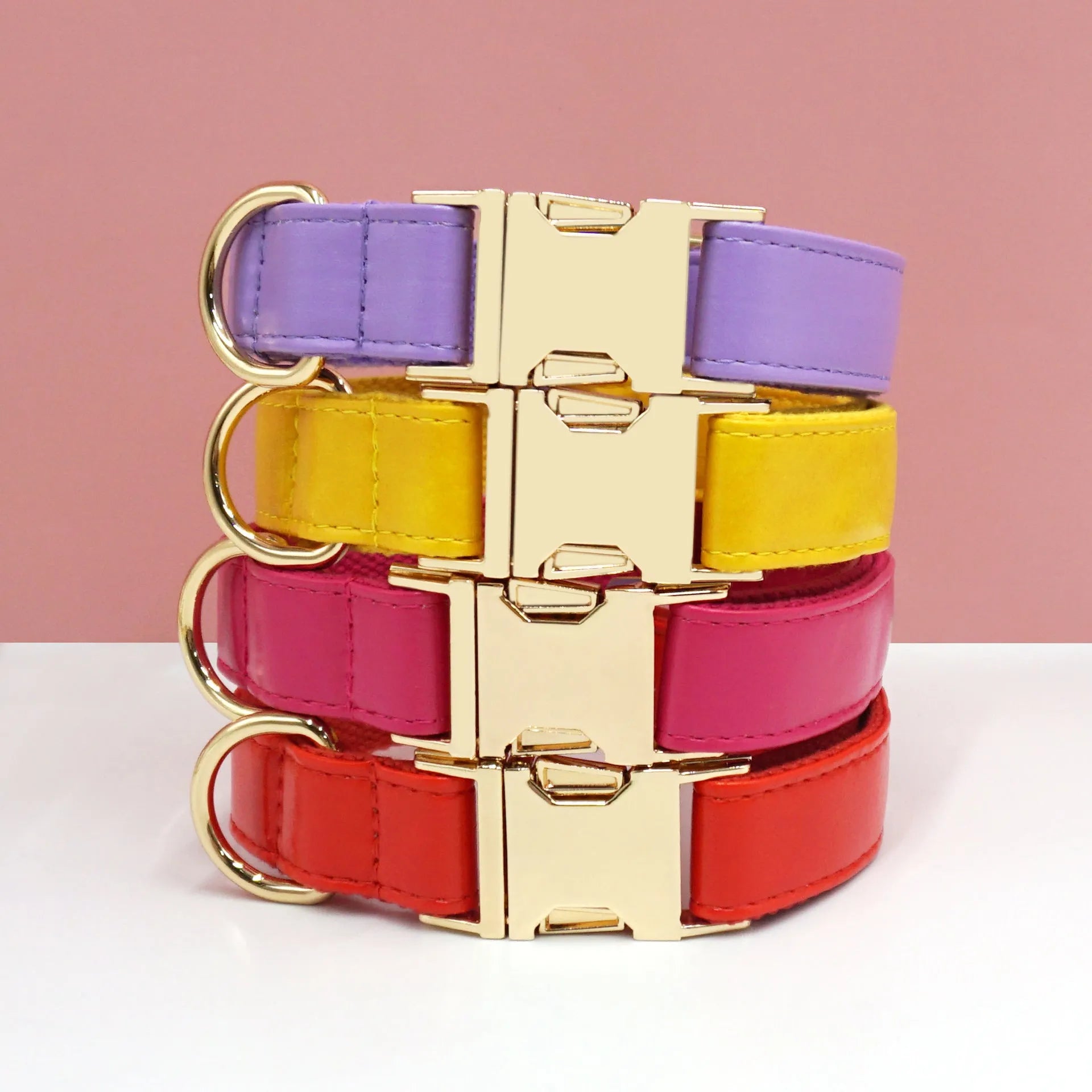 Simple colour-block velvet detail on a leather dog collar shown in caramel colour.
