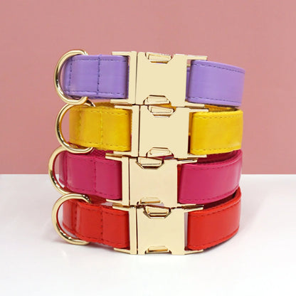 Simple colour-block velvet detail on a leather dog collar shown in caramel colour.