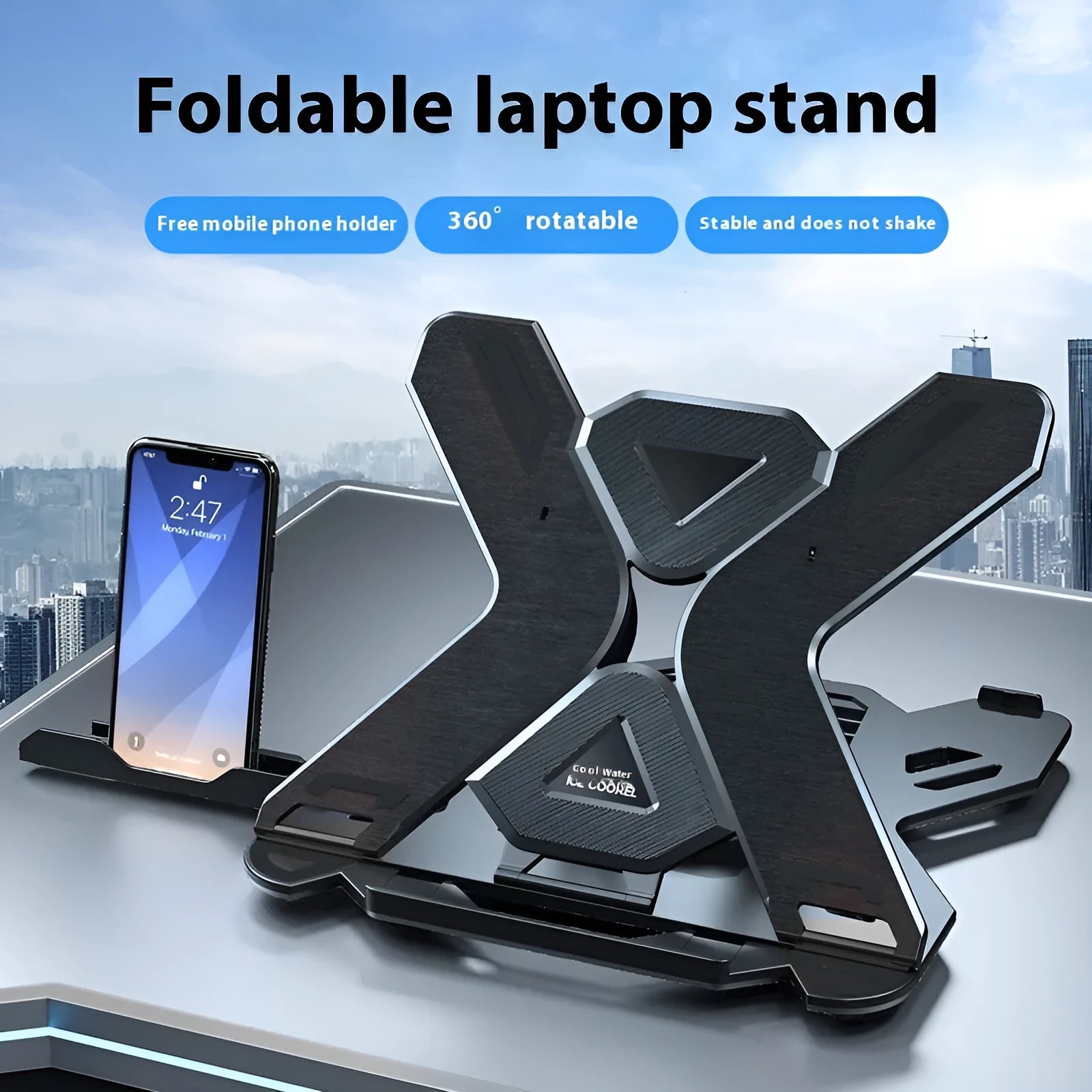 Black and white ABS plastic laptop bracket stand on a desk, showing its 300mm width and low 22mm profile.