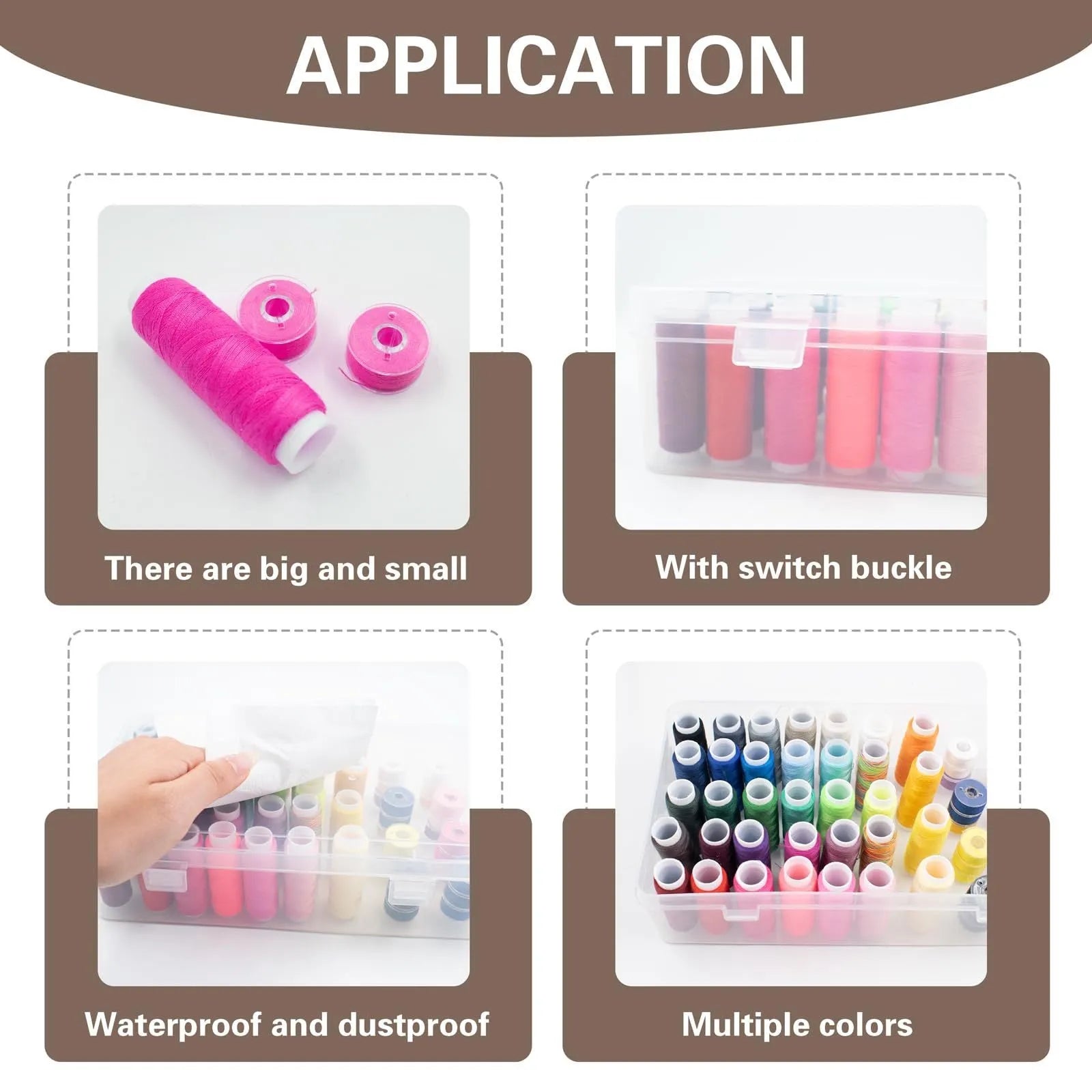 42-slot embroidery thread storage box in transparent plastic with visible spools inside