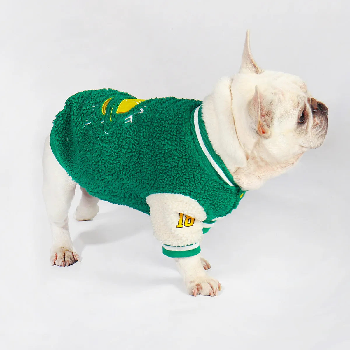 Green fleece-lined winter dog coat for medium to extra large breeds on mannequin