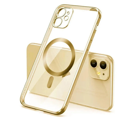 Electroplated magnetic suction back cover for iPhone case in multiple colours including black and blue.