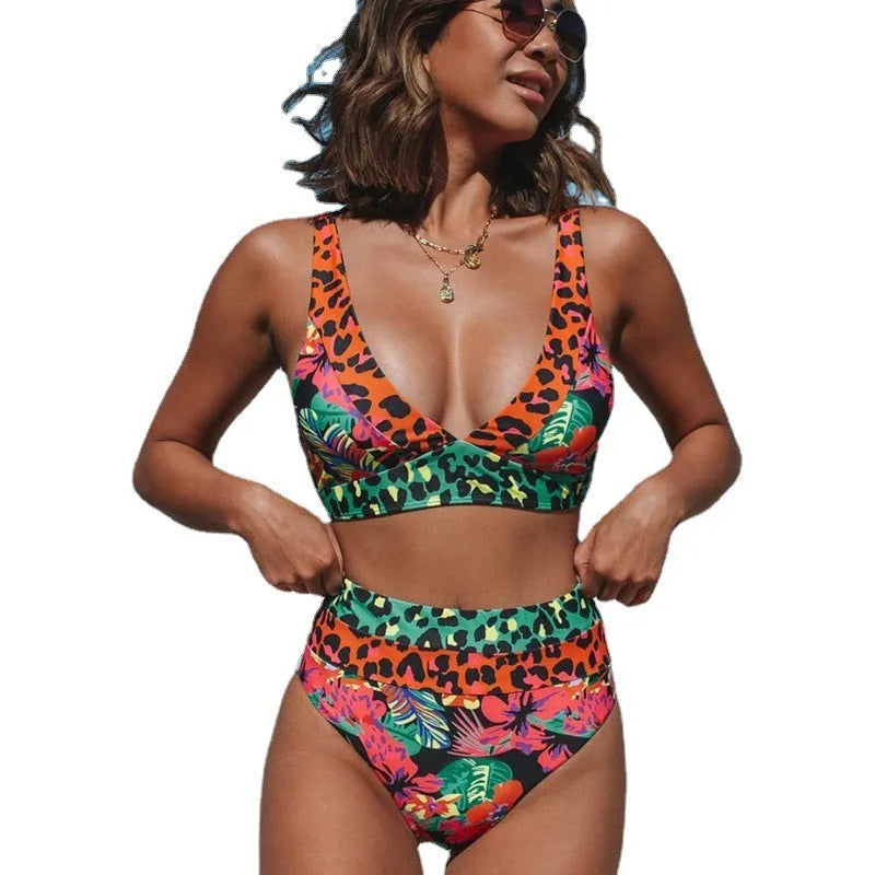 Women's high-waisted floral print bikini set in polyester fabric for swimming activities