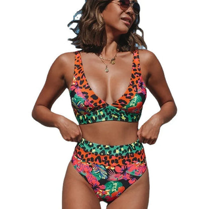 Women's high-waisted floral print bikini set in polyester fabric for swimming activities