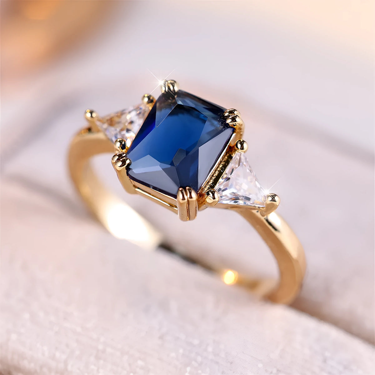 Rectangular women's fashion ring in gold sapphire blue copper with geometric design