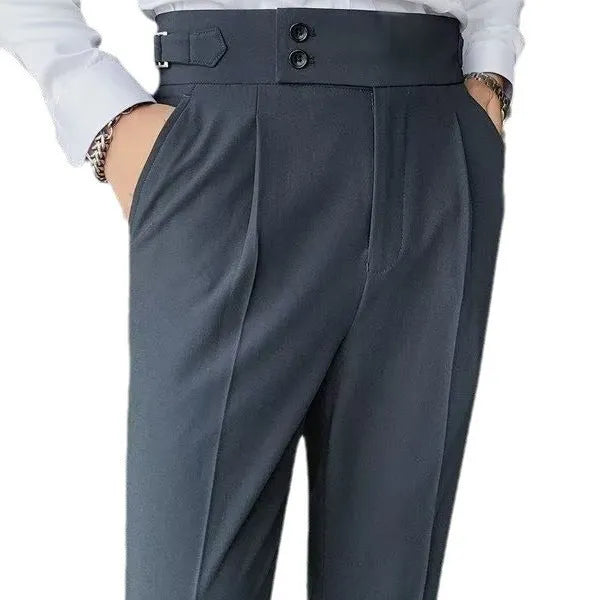 Retro high waist straight leg casual trousers in cotton blend fabric, shown in black, brown, grey or white.