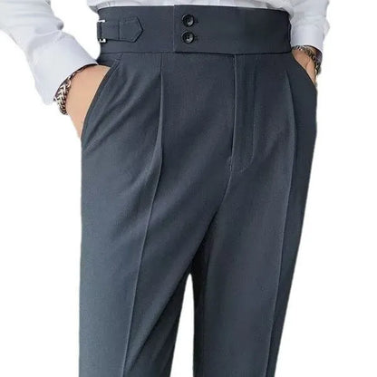 Retro high waist straight leg casual trousers in cotton blend fabric, shown in black, brown, grey or white.