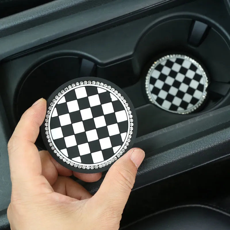 Plastic car cup mat non-slip coaster for cup holder, black and white checkerboard design PVC material interior trim accessory fits most vehicle cup holder slots, universal car modification accessory