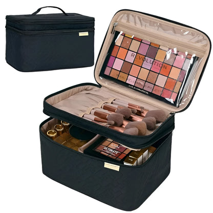 Portable double layer cosmetics bag in peach fabric leather with polyester lining, shown in black or pink