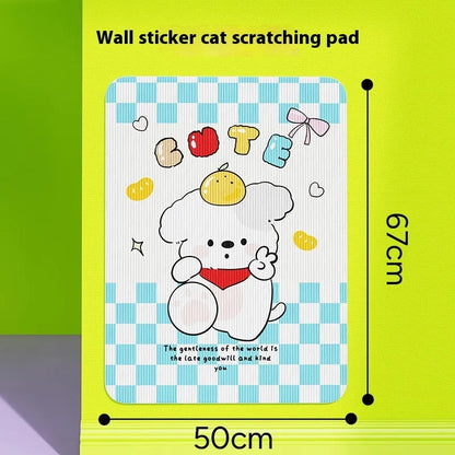 Vertical cat scratch board with cartoon fleece design mounted on wall for dogs and cats