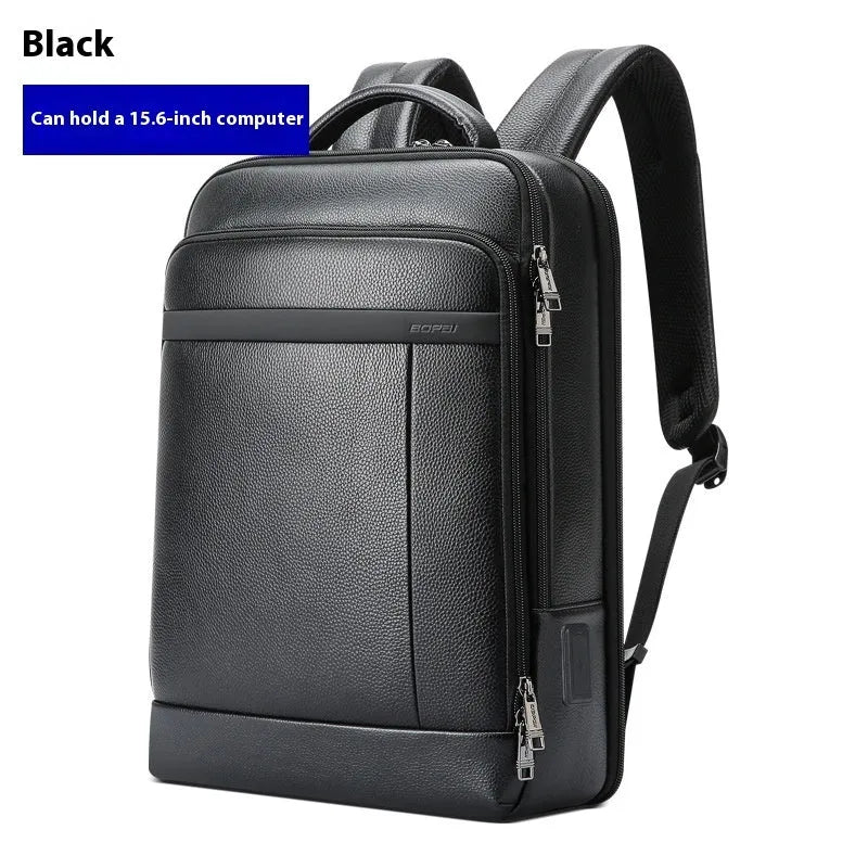 Black genuine leather commuter backpack with USB port and curved shoulder straps