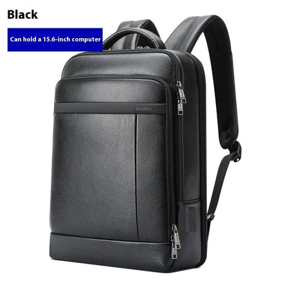 Black genuine leather commuter backpack with USB port and curved shoulder straps