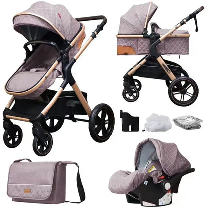 Lightweight folding multi-function baby cart with iron pipe frame, high landscape seat, 15kg load, in khaki or grey