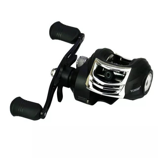 YUMOSHI AK Series Fishing Reel with magnetic brake system in black and red