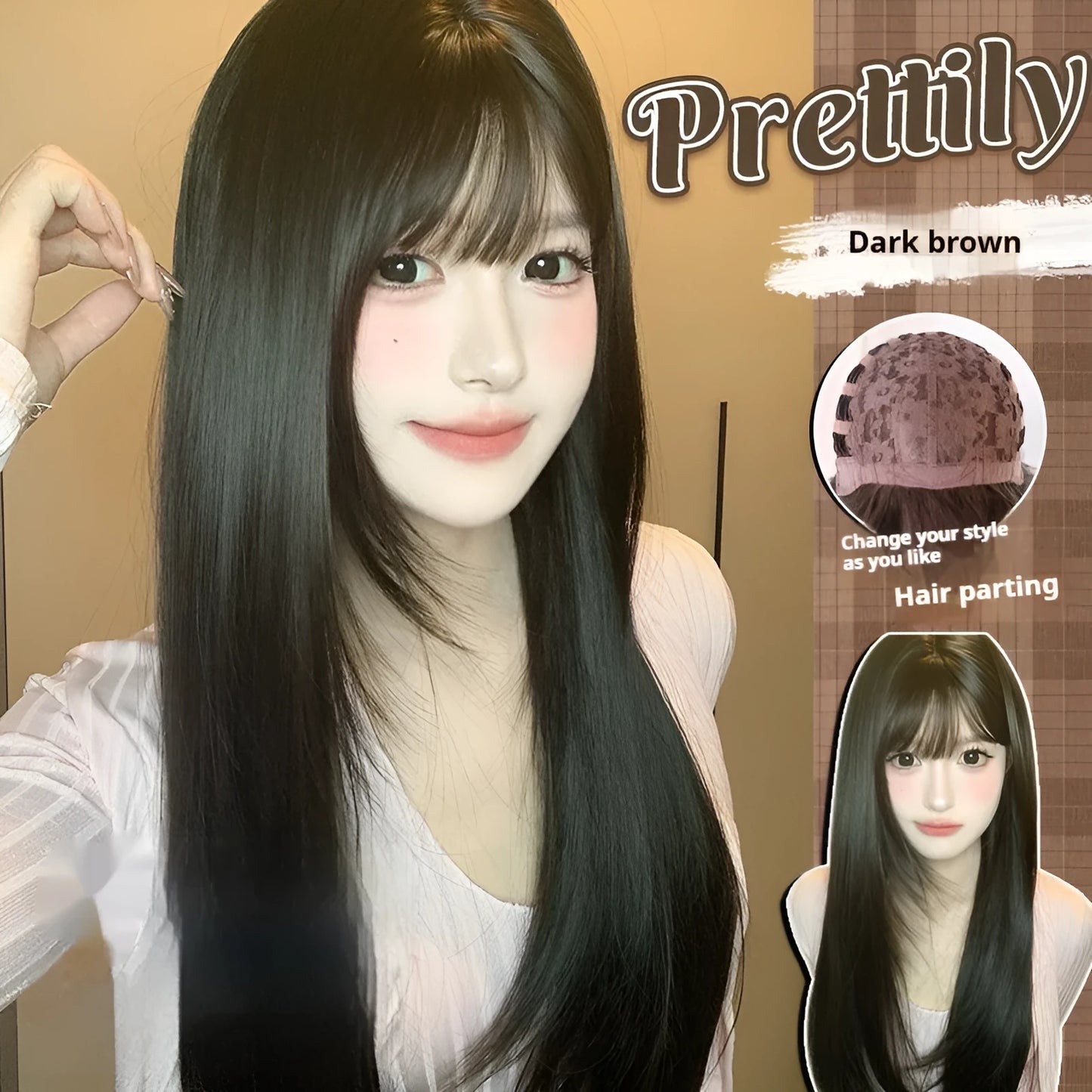 Dark brown long straight synthetic wig with fringe on a wig stand.