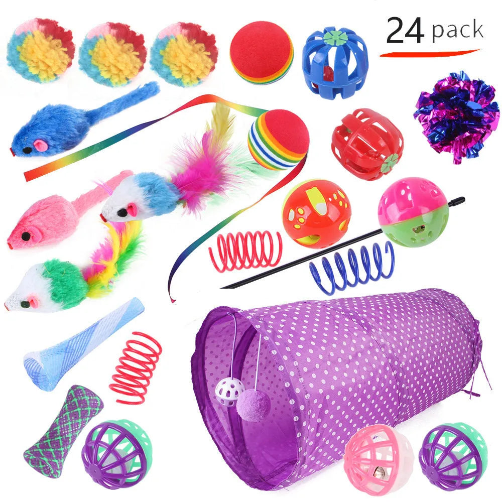 Plastic cat toy set with coloured tunnel channels and a ball for interactive indoor play.