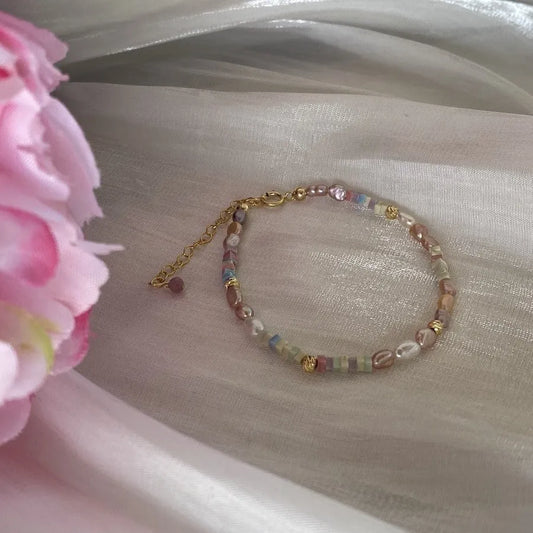 14K gold-plated purple natural pearl bracelet and necklace set with irregular mini pearls and U-shaped design