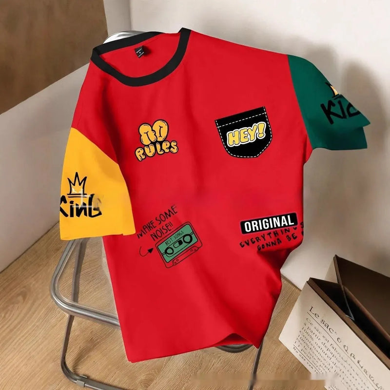 Men's printed casual loose-fit short-sleeved T-shirt in polyester fibre for leisure wear across spring, summer, and autumn, featuring digital letter prints and available in seven trendy colourways and sizes from XXS to 6XL.
