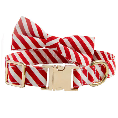 Striped personalised dog collar with engraved lettering in Candy Green colour with attached bow knot