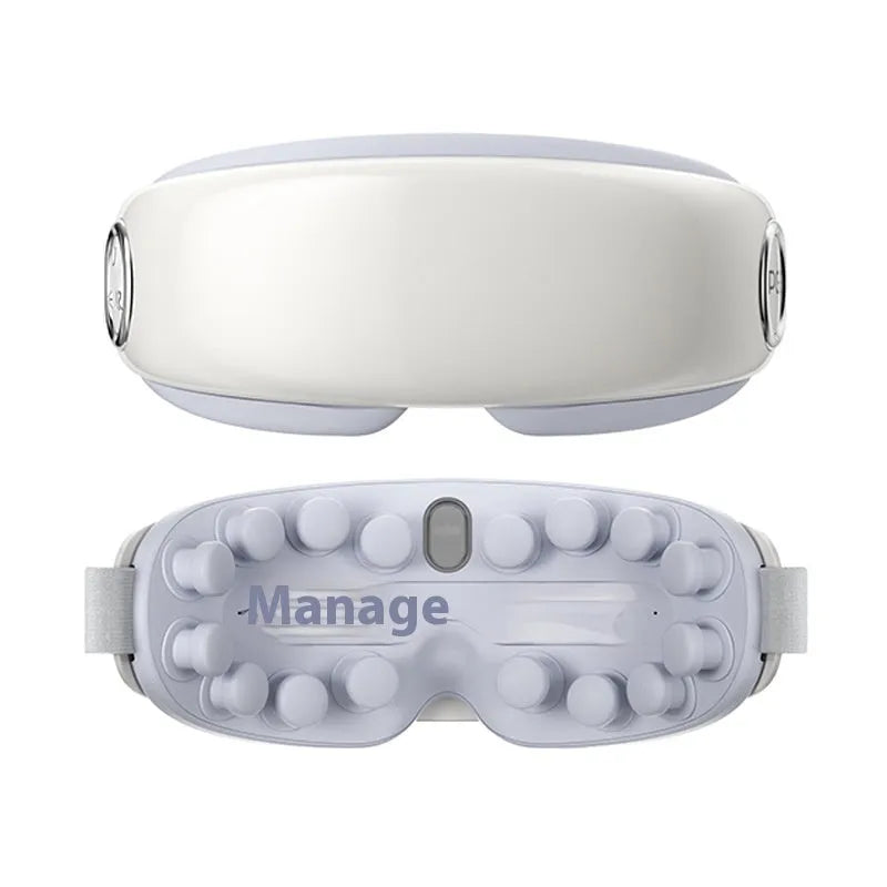 Bluetooth hot compress and steam moisturising eye massager device in purplish grey, green, or ink grey colour