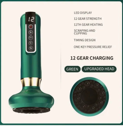 Green electric vacuum cupping massager with adjustable suction and infrared heating functions