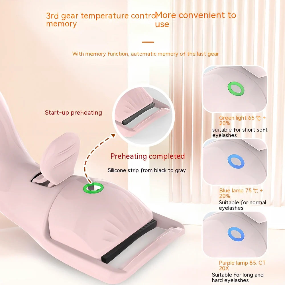 Pink and white electric eyelash curler with USB charging cable and temperature control settings
