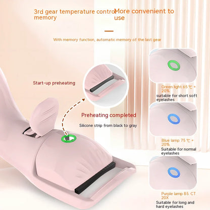 Pink and white electric eyelash curler with USB charging cable and temperature control settings