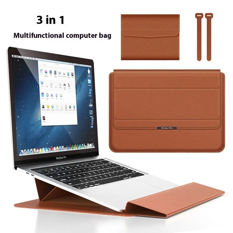 Three-in-one laptop bag in faux leather and plush, shown in black, dark blue, rose gold, grey, dark green, red or camel.