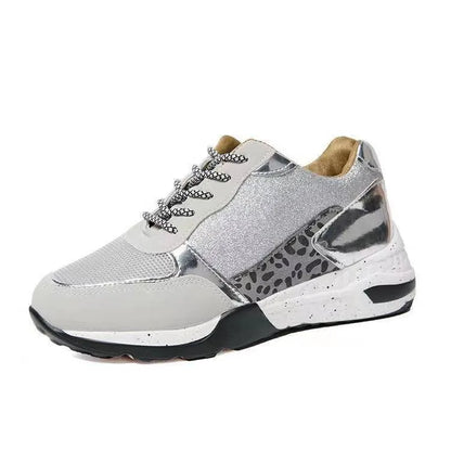 Women's lace-up wedge trainers in beige or grey with round toe, artificial PU upper and rubber sole, sizes 35-43