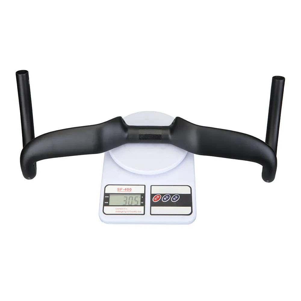 Black carbon fibre bicycle handlebar with large-angle bent outer swing design showing three width options