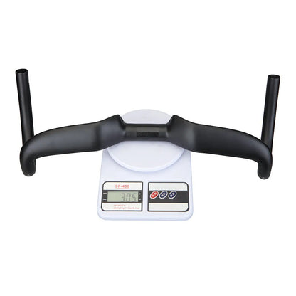 Black carbon fibre bicycle handlebar with large-angle bent outer swing design showing three width options