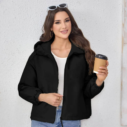 Women's loose-fit hooded shell jacket in black, grey, or purple.