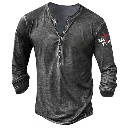 Plus size punk style pullover top with button-down collar and arm cross print, available in multiple colours and sizes.
