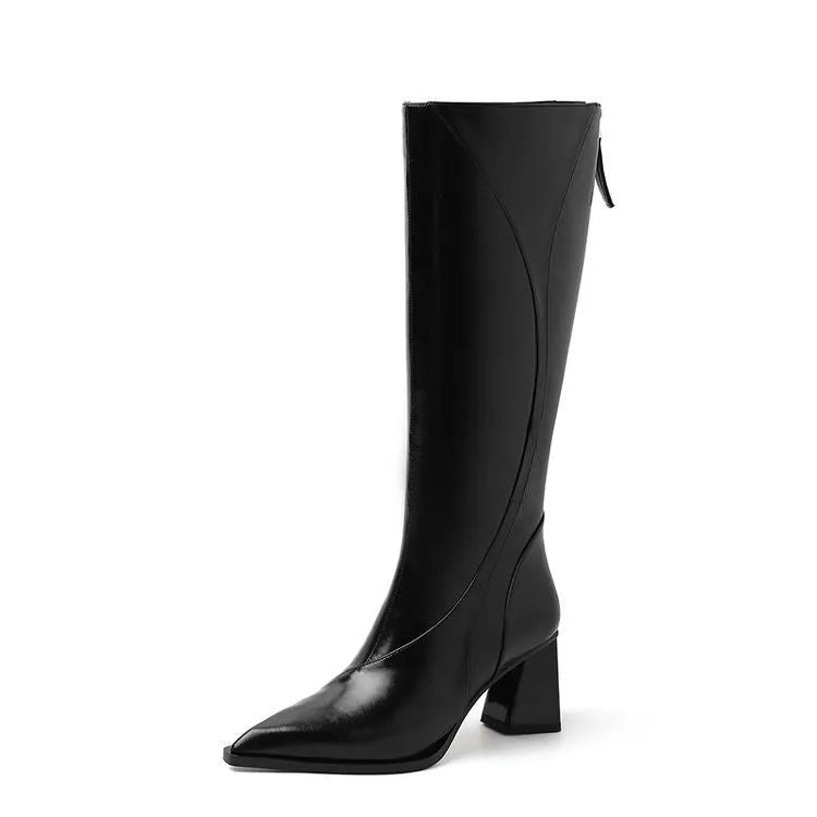 Women's black retro high heel riding boots with a waterproof platform and cowhide upper.