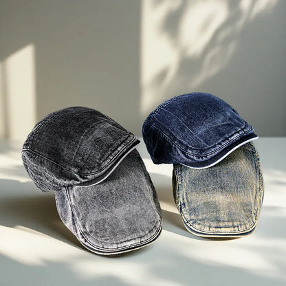 Men's flat crown denim baseball cap in washed cotton, shown in retro yellow colour
