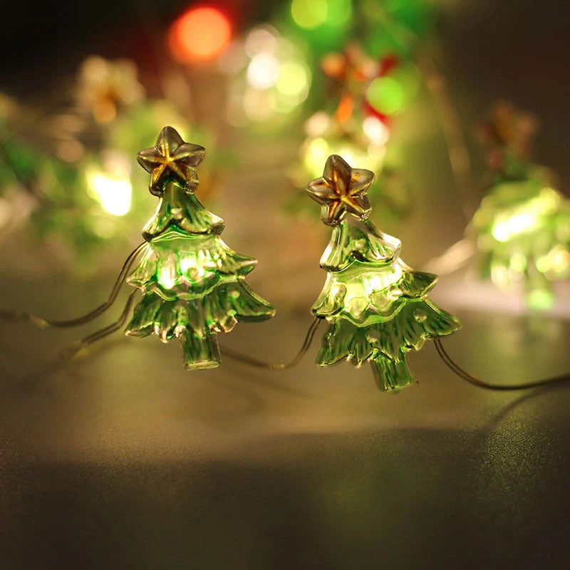 Copper wire LED Christmas decoration lights featuring festive designs like bells, trees, and elks