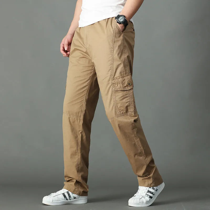 Loose straight leg cotton cargo trousers with multi-pocket, mid waist, zip placket, in black, army green, khaki, or natural yellow.