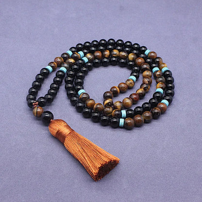 Black agate and tiger's eye bracelet and necklace set with geometric carved tiger pendant