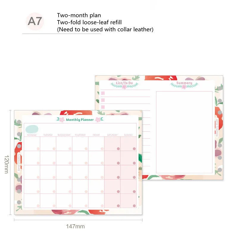 A7, A5, and A6 handbook loose-leaf refill pack showing floral and symphony tri-fold design options.